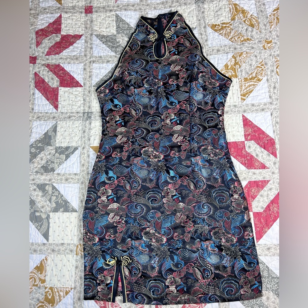90s Japanese style high neck sleeveless short dress with slit